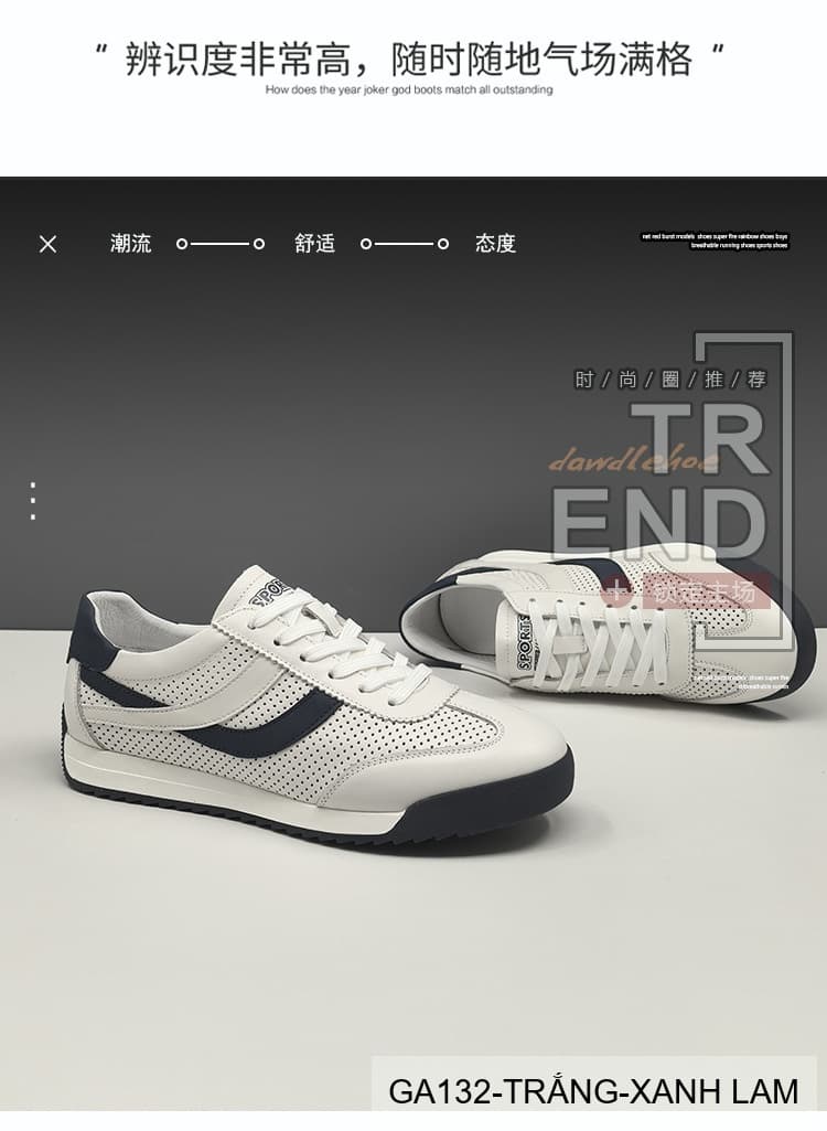 GA132 - Giày Sneaker Nam Phong Cách Hàn Quốc Đế Bằng Thoáng Khí Màu Trắng Xanh Lam & Trắng Mơ - ảnh 7