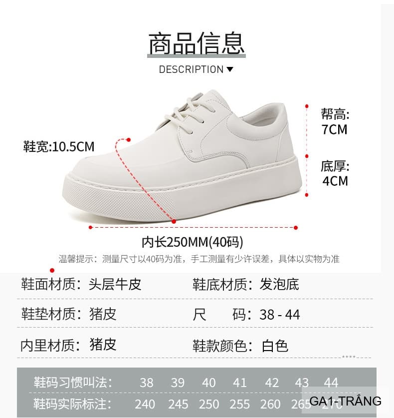 GA1 - Giày da thật nam Lin Sen trắng, kiểu casual thời thượng, đế cao su êm ái, phối dây buộc - ảnh 22