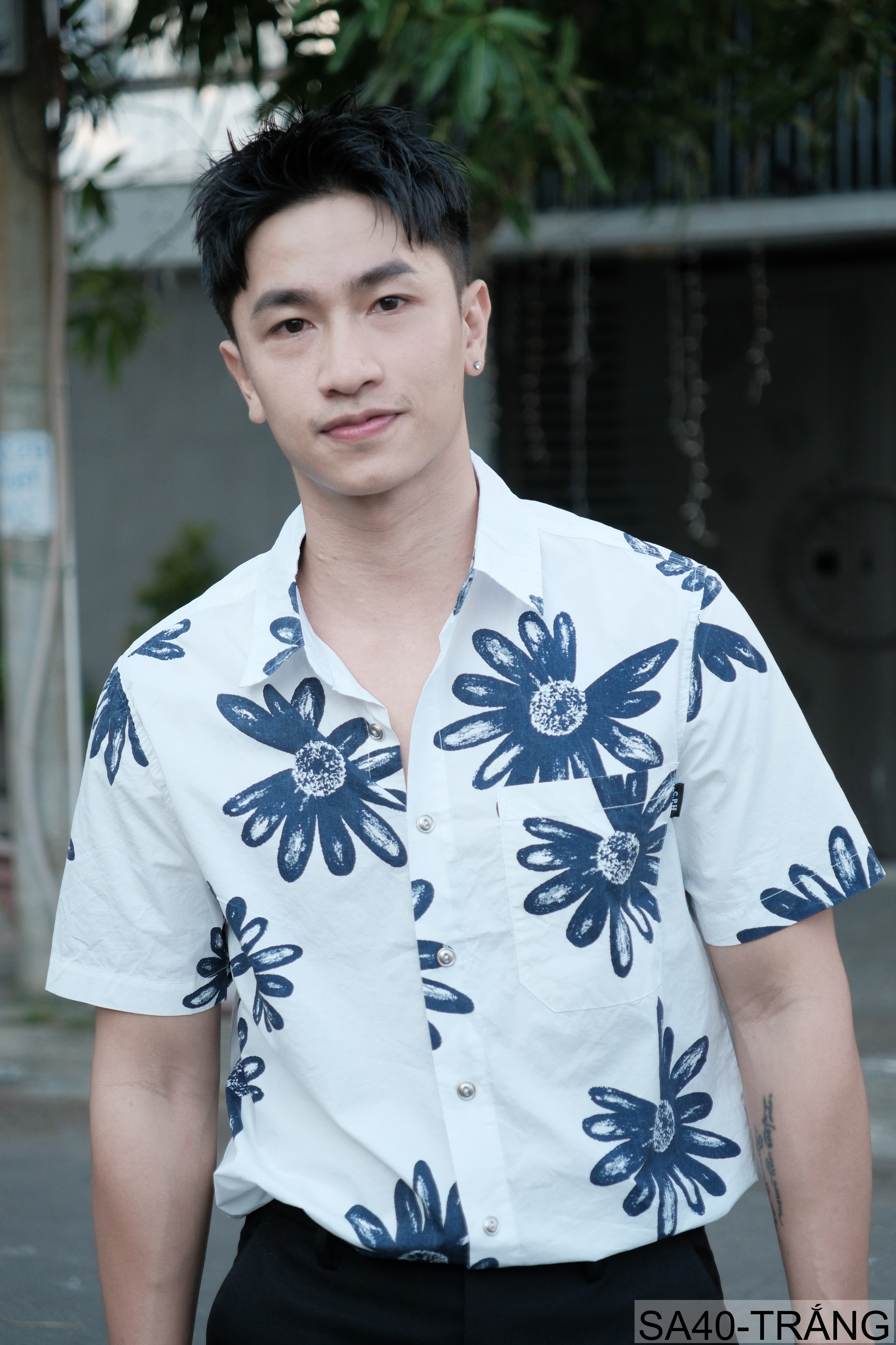 SA40 - Áo sơ mi nam tay ngắn họa tiết hoa cúc, phong cách Hàn Quốc, chất cotton thoáng mát - ảnh 3