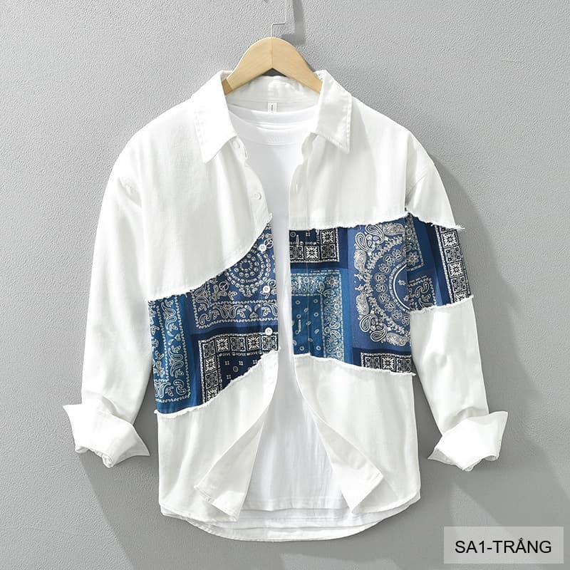 SA1 - Áo sơ mi nam dài tay in họa tiết Nhật Bản, kiểu dáng rộng rãi, thời trang đa năng