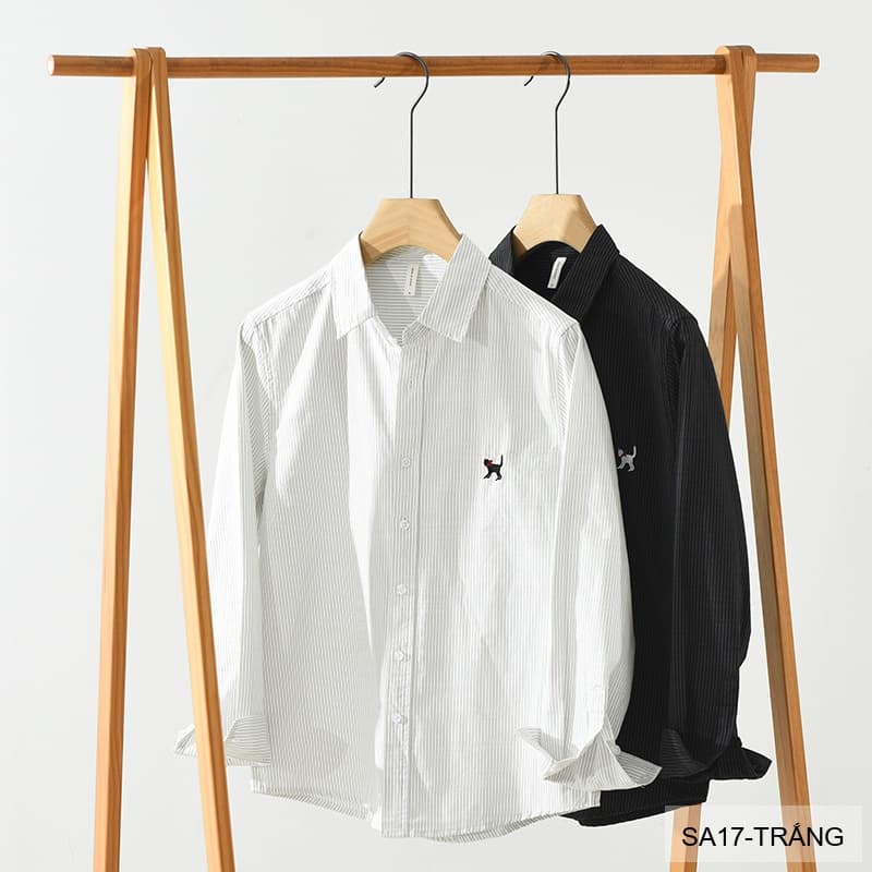 SA17 - Áo sơ mi nam dài tay thêu họa tiết mèo, form rộng, chất cotton 100%, phối sọc thời thượng - ảnh 7