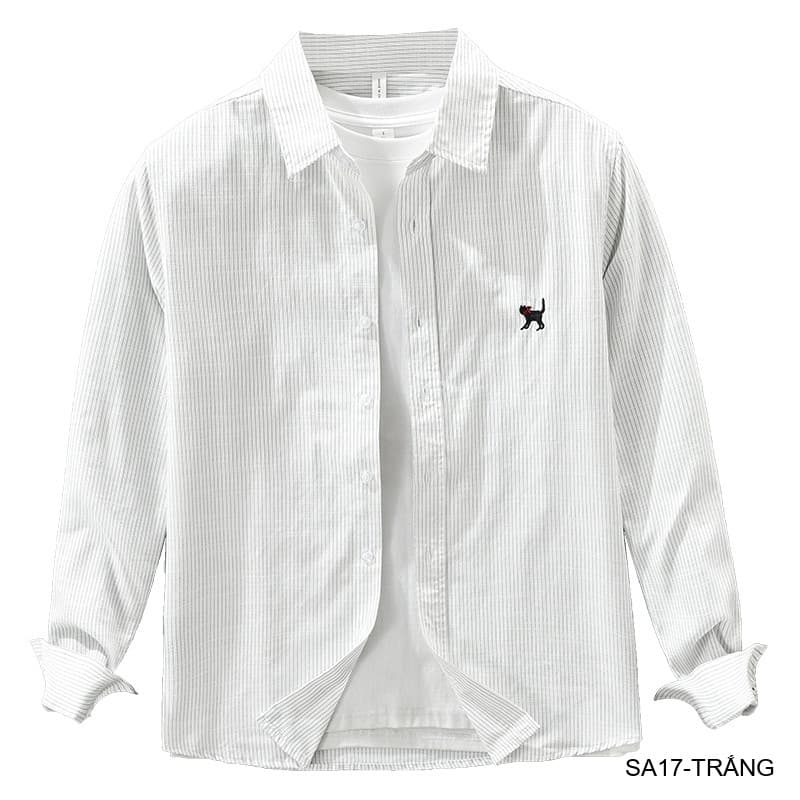 SA17 - Áo sơ mi nam dài tay thêu họa tiết mèo, form rộng, chất cotton 100%, phối sọc thời thượng - ảnh 9