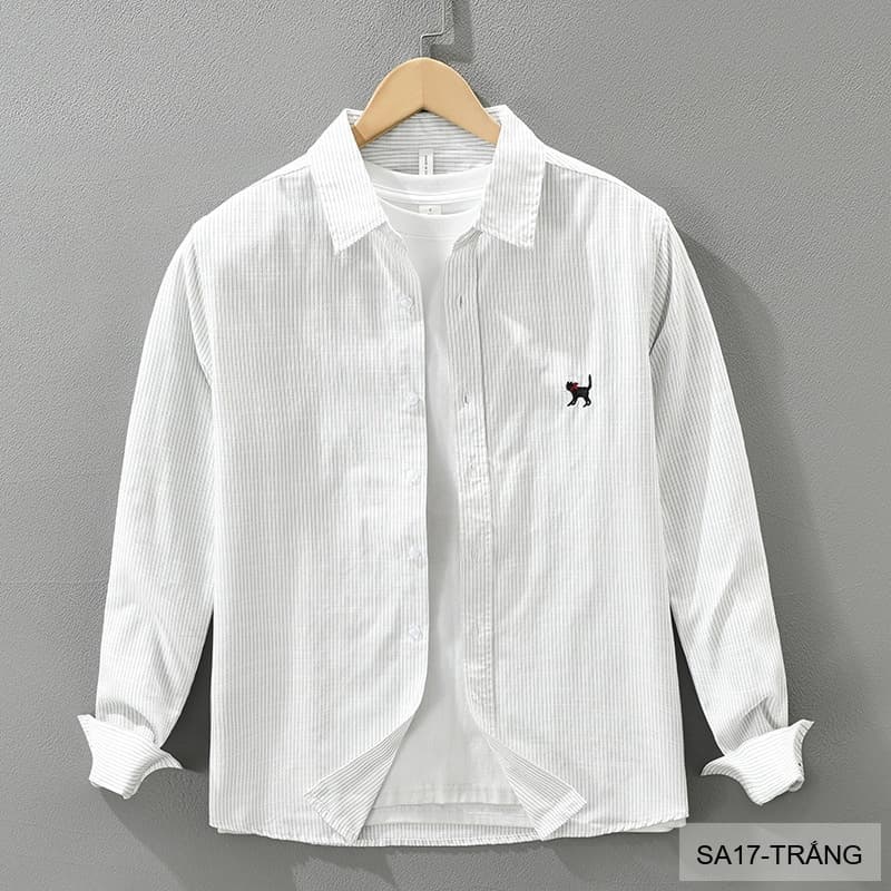 SA17 - Áo sơ mi nam dài tay thêu họa tiết mèo, form rộng, chất cotton 100%, phối sọc thời thượng - ảnh 6