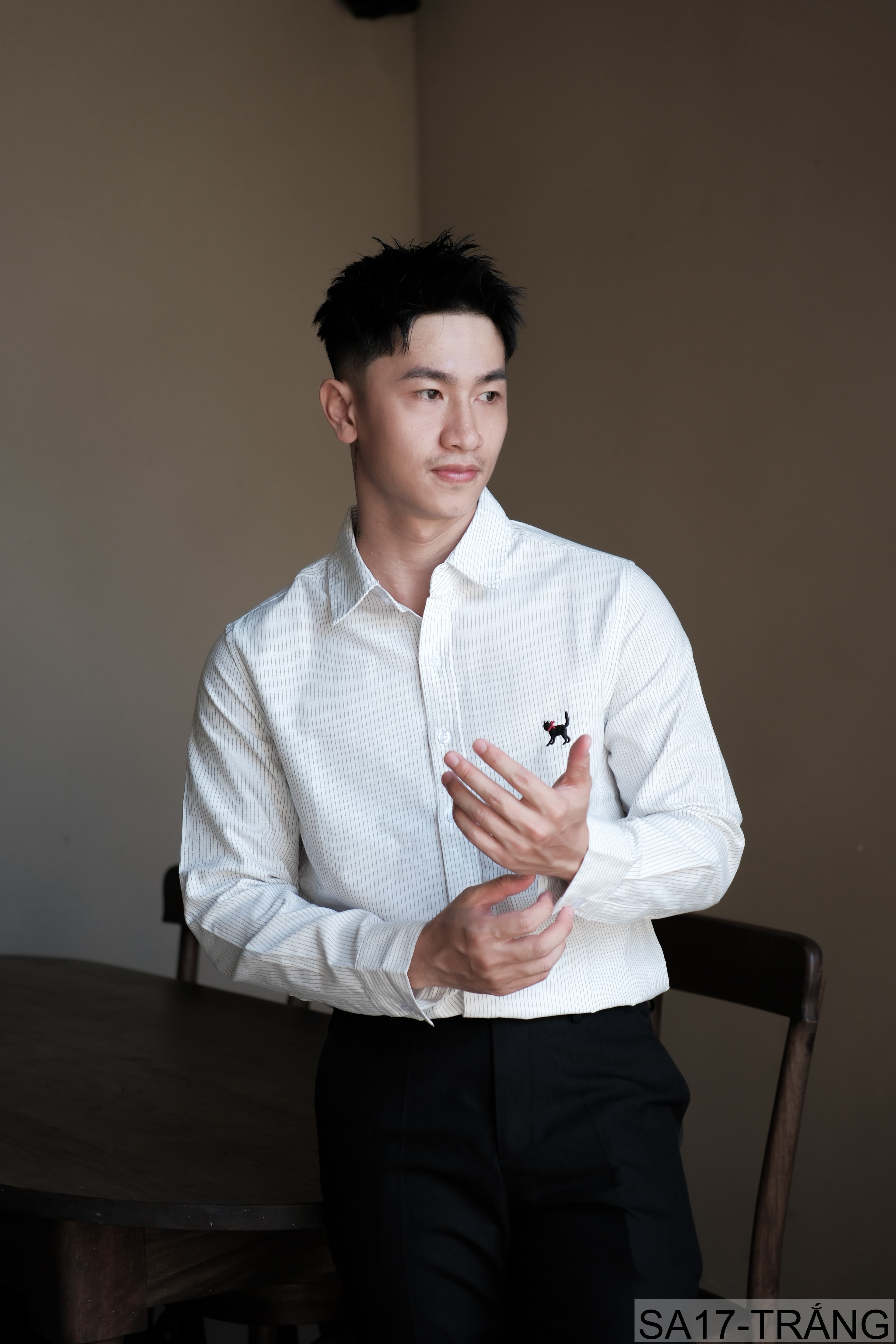 SA17 - Áo sơ mi nam dài tay thêu họa tiết mèo, form rộng, chất cotton 100%, phối sọc thời thượng - ảnh 4