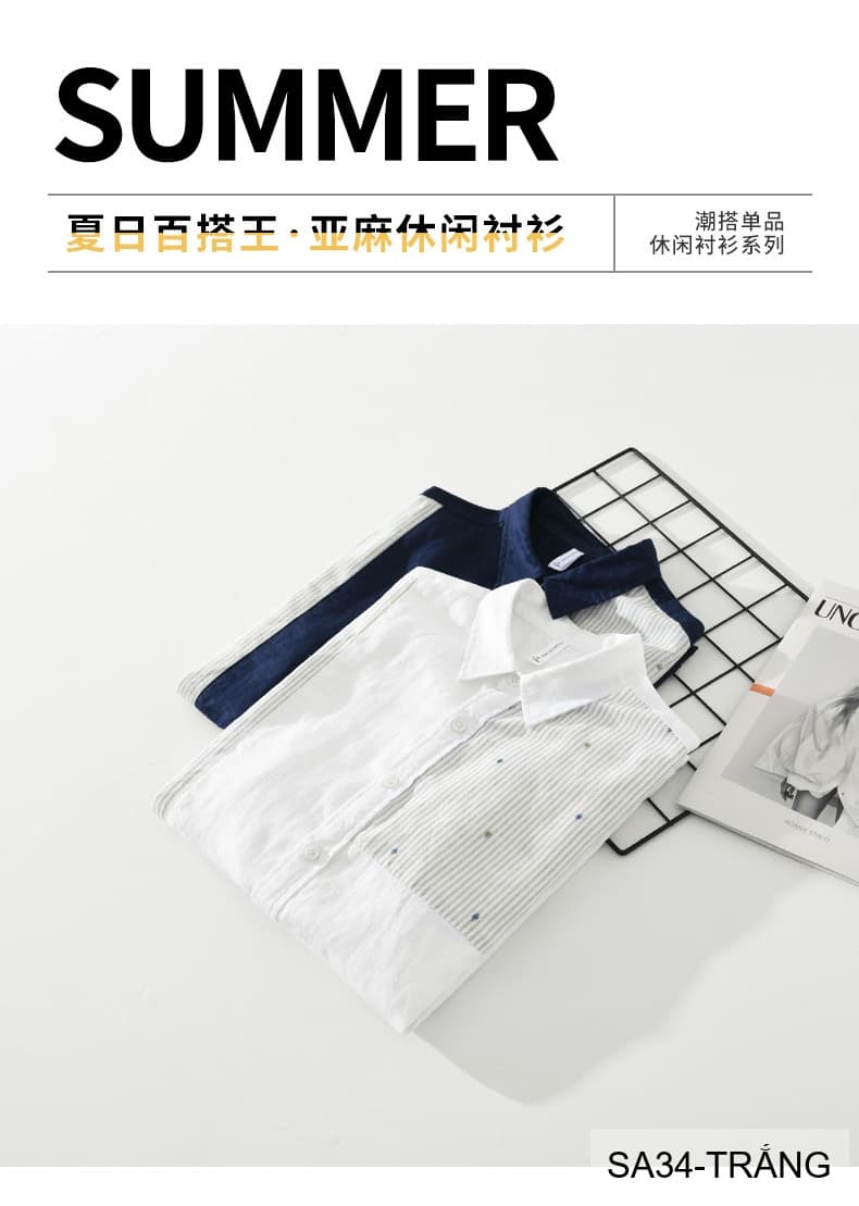 SA34 - Áo sơ mi nam tay ngắn vải lanh thoáng mát phong cách Nhật Bản kẻ sọc phối màu trắng xanh ngọc - ảnh 6