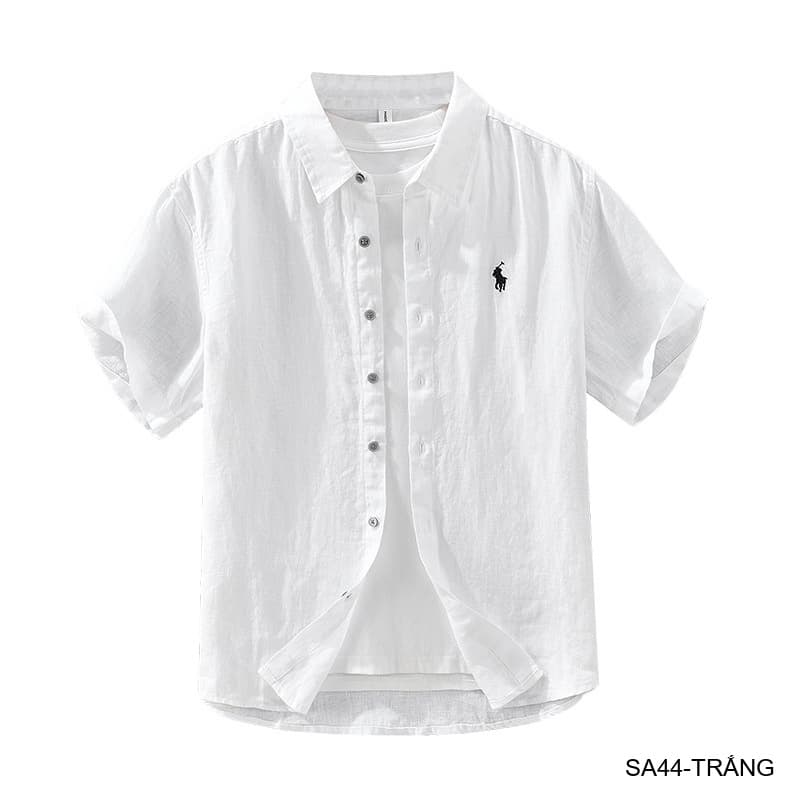 SA44 - Áo sơ mi nam tay ngắn vải lanh thoáng mát phong cách Nhật, cổ lật thêu logo nhỏ - ảnh 7