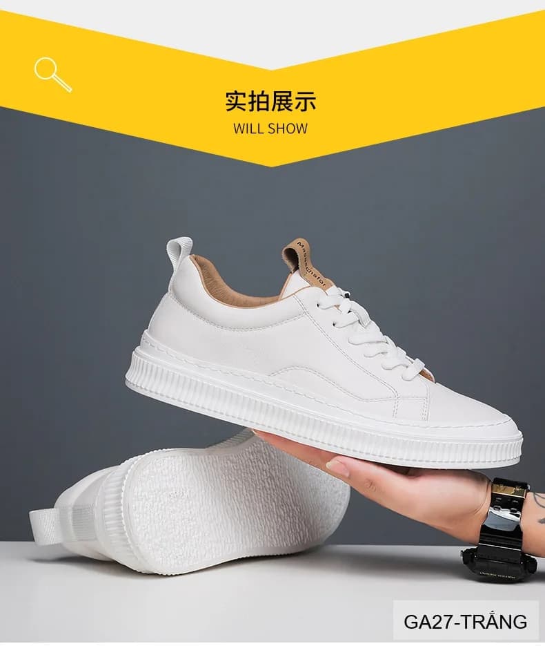 GA27 - Giày Thể Thao Nam Lâm Sâm Da Bò Đế Cao Su Trắng Đen Phong Cách Thường Ngày - ảnh 5