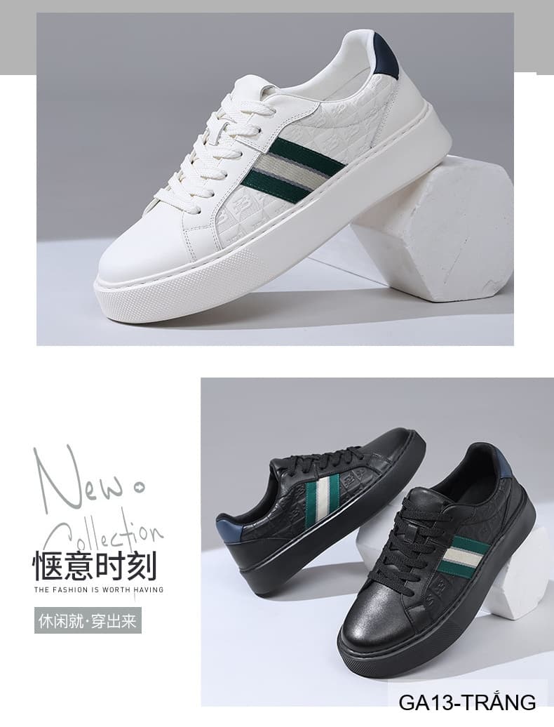 GA13 - Giày thể thao nam Linh Sen đế dày, phối sọc xanh trắng, da bò mềm, phong cách retro - ảnh 8