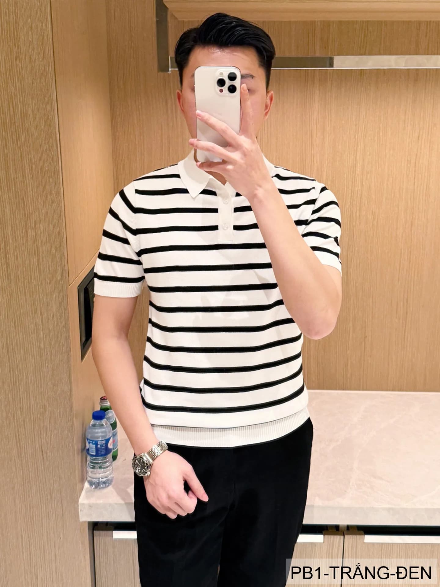 PB1 - Áo Polo Nam Dệt Kim Sọc Đen Trắng Phong Cách Retro Mùa Hè - ảnh 2