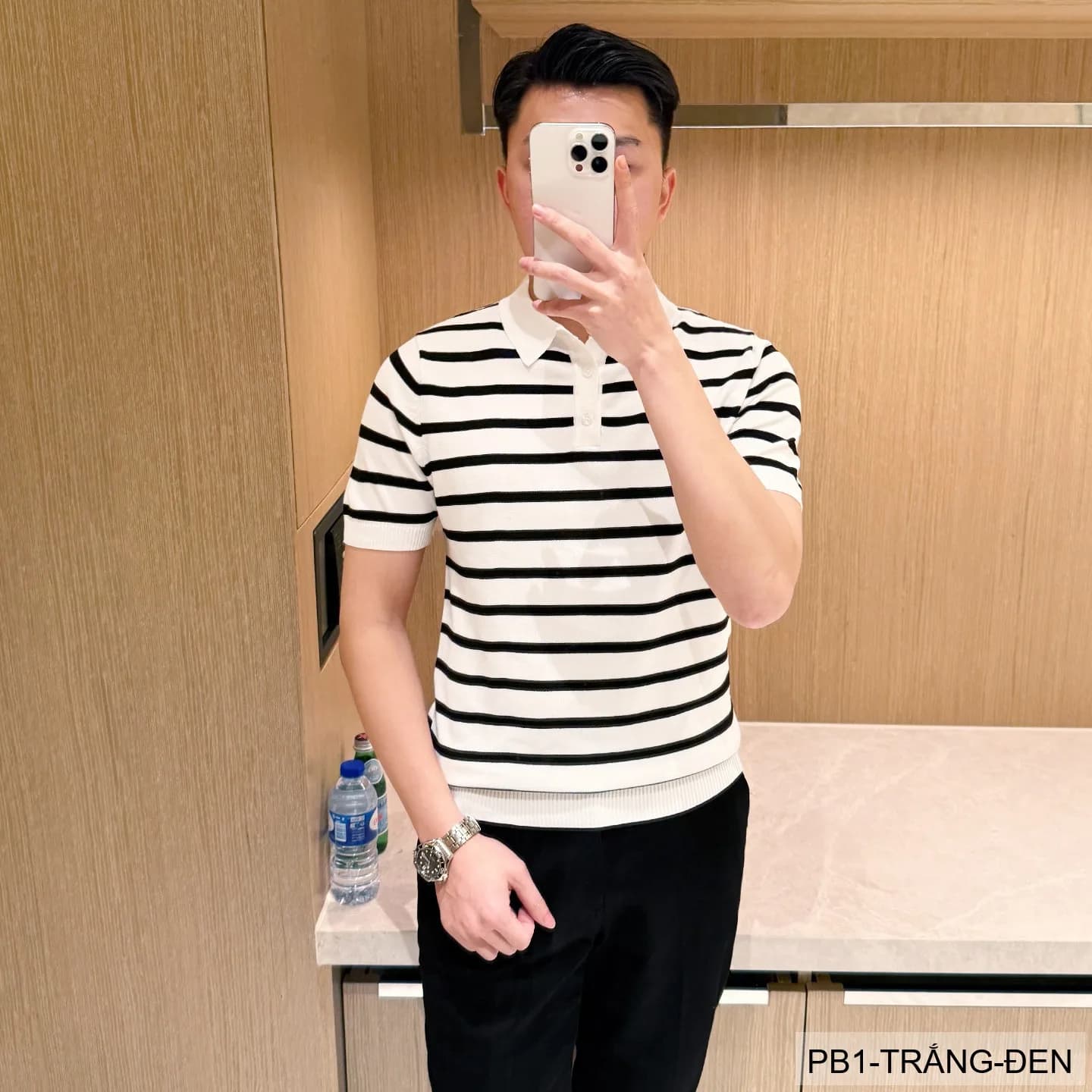 PB1 - Áo Polo Nam Dệt Kim Sọc Đen Trắng Phong Cách Retro Mùa Hè