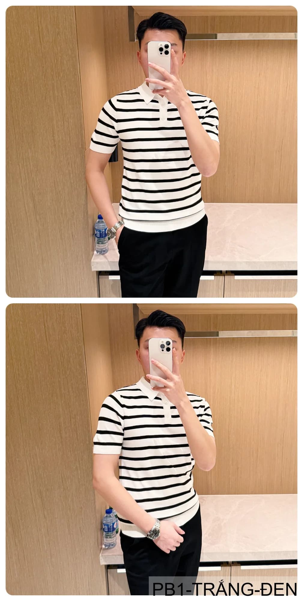 PB1 - Áo Polo Nam Dệt Kim Sọc Đen Trắng Phong Cách Retro Mùa Hè - ảnh 7
