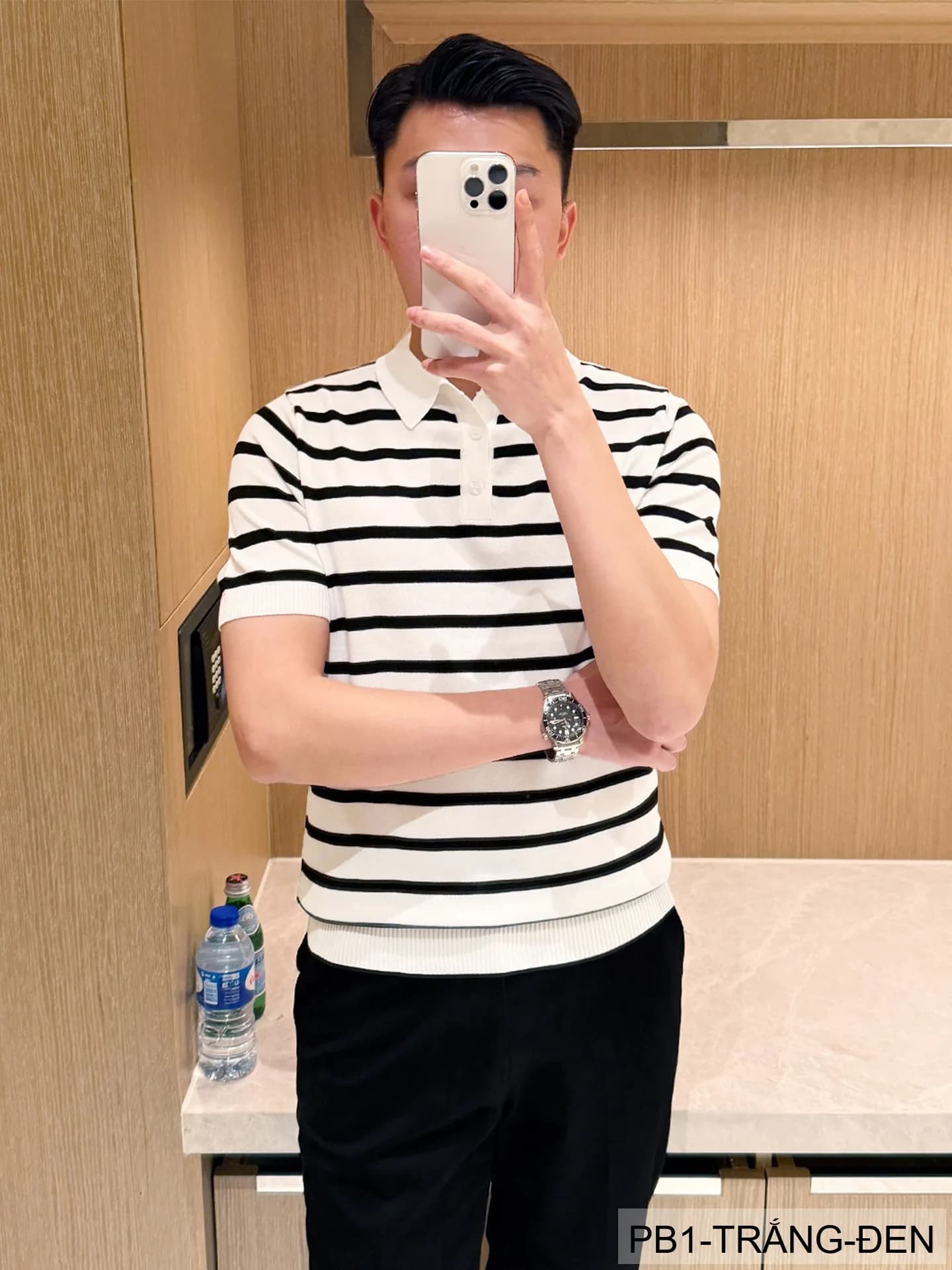 PB1 - Áo Polo Nam Dệt Kim Sọc Đen Trắng Phong Cách Retro Mùa Hè - ảnh 3