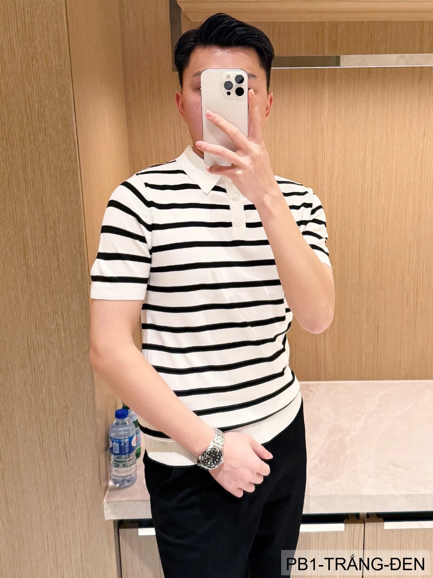 PB1 - Áo Polo Nam Dệt Kim Sọc Đen Trắng Phong Cách Retro Mùa Hè - ảnh 4
