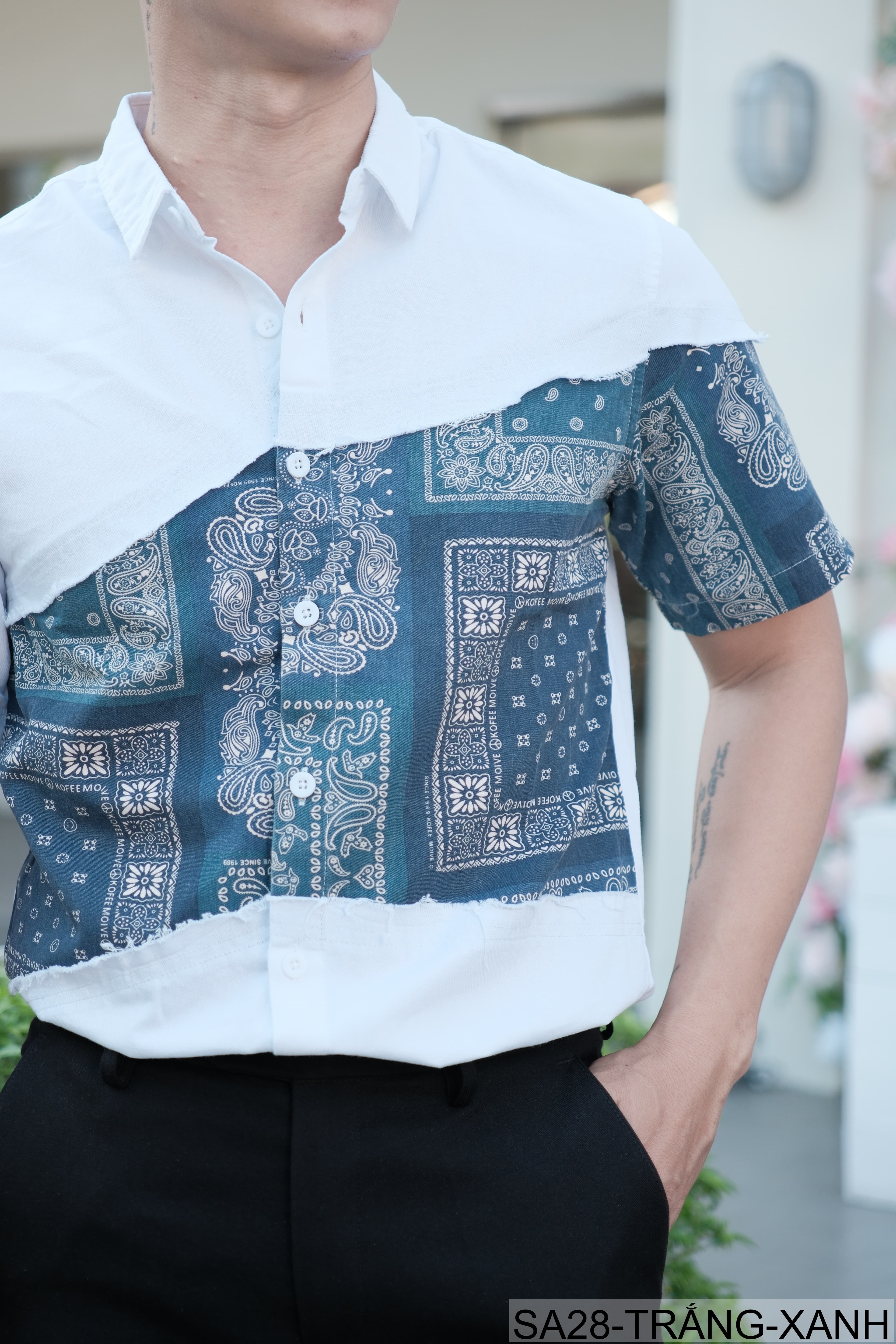 SA28 - Áo sơ mi nam tay ngắn phối họa tiết bandana phong cách đường phố - ảnh 6