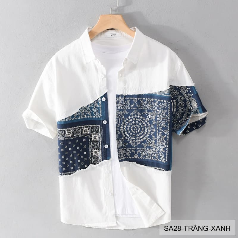 SA28 - Áo sơ mi nam tay ngắn phối họa tiết bandana phong cách đường phố