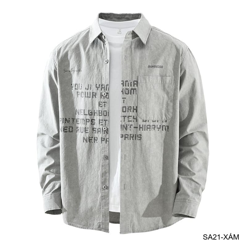 SA21 - Áo sơ mi nam dáng rộng phong cách Nhật Bản, cổ bẻ, tay dài, họa tiết chữ, chất cotton mềm mại