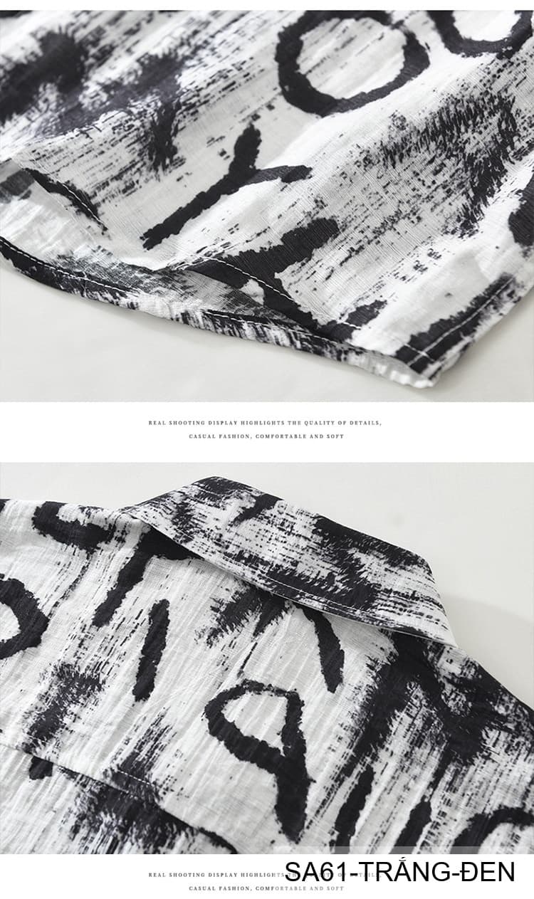 SA61 - Áo sơ mi nam tay ngắn in chữ nghệ thuật, form rộng, chất viscose mát mẻ, phối màu trắng đen - ảnh 8