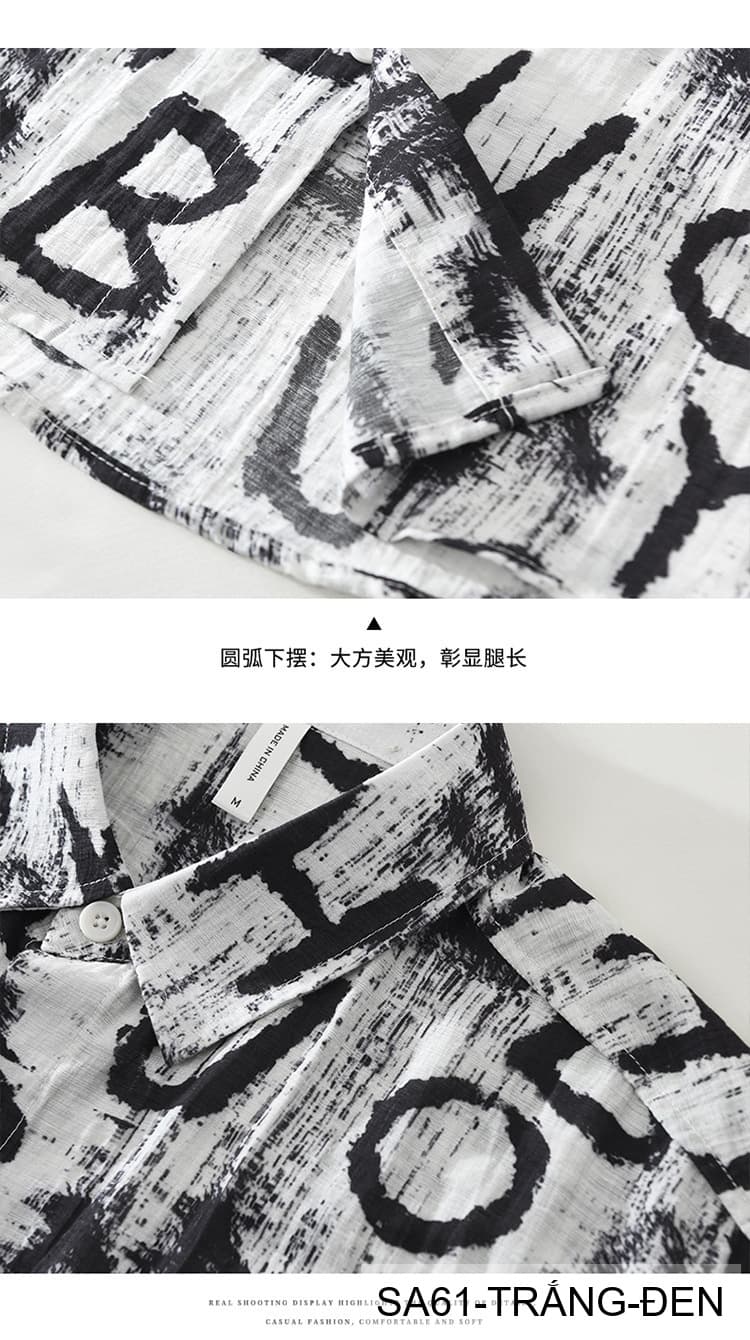 SA61 - Áo sơ mi nam tay ngắn in chữ nghệ thuật, form rộng, chất viscose mát mẻ, phối màu trắng đen - ảnh 11