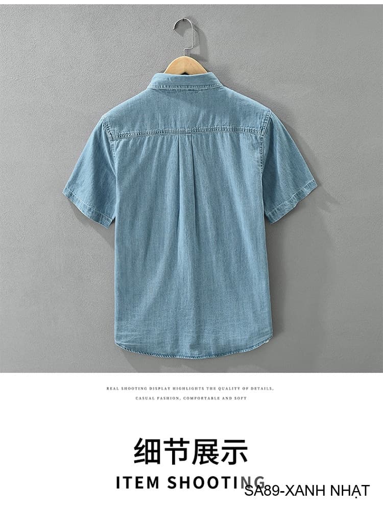 SA89 - Áo sơ mi denim nam tay ngắn phong cách Nhật Bản, chất cotton mềm mại, form rộng thoải mái - ảnh 13