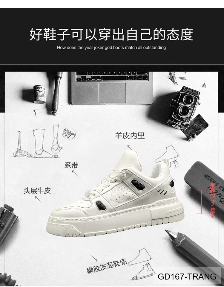 GD167 - Giày thể thao nam trắng đế dày phong cách retro, chất liệu da bò mềm êm, tăng chiều cao nhẹ - ảnh 20