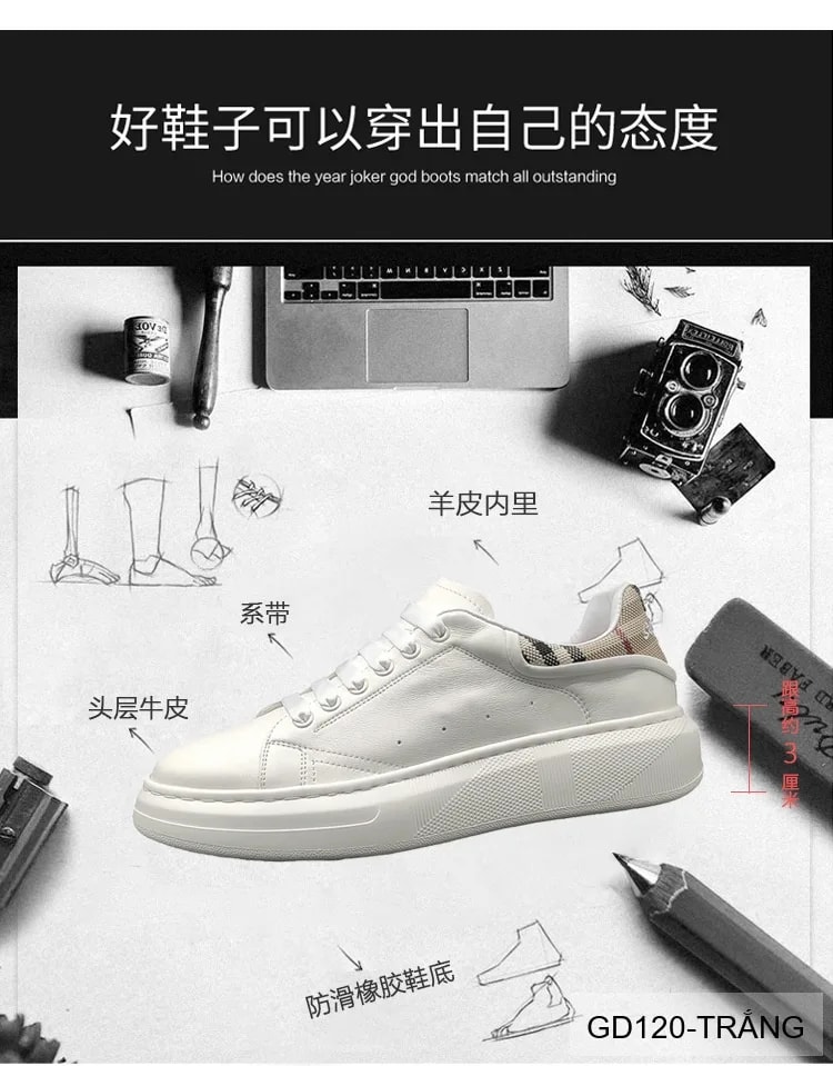 GD120 - Giày thể thao nam da bò trắng đế dày phong cách retro thời trang - ảnh 21