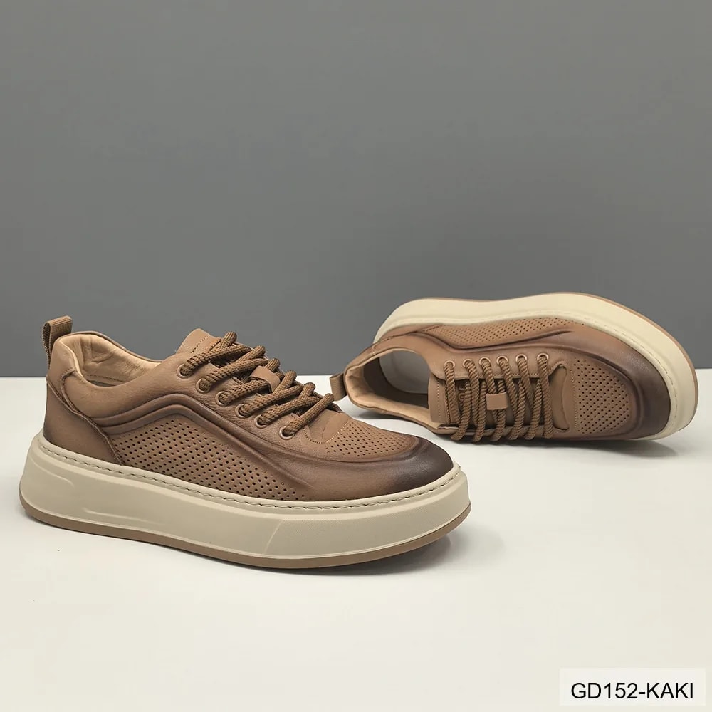 GD152 - Giày thể thao nam da bò thật đế dày thời trang, phối màu Kaki và Vàng - ảnh 5