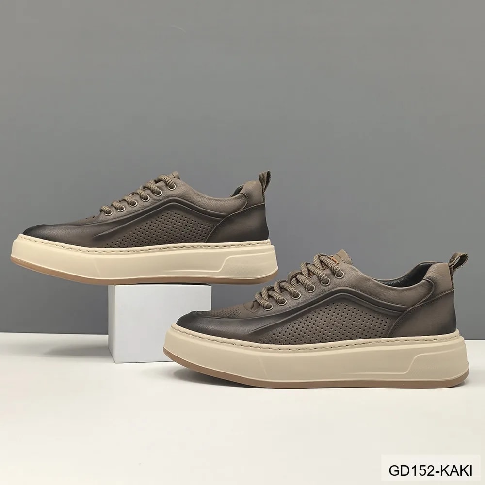 GD152 - Giày thể thao nam da bò thật đế dày thời trang, phối màu Kaki và Vàng - ảnh 3