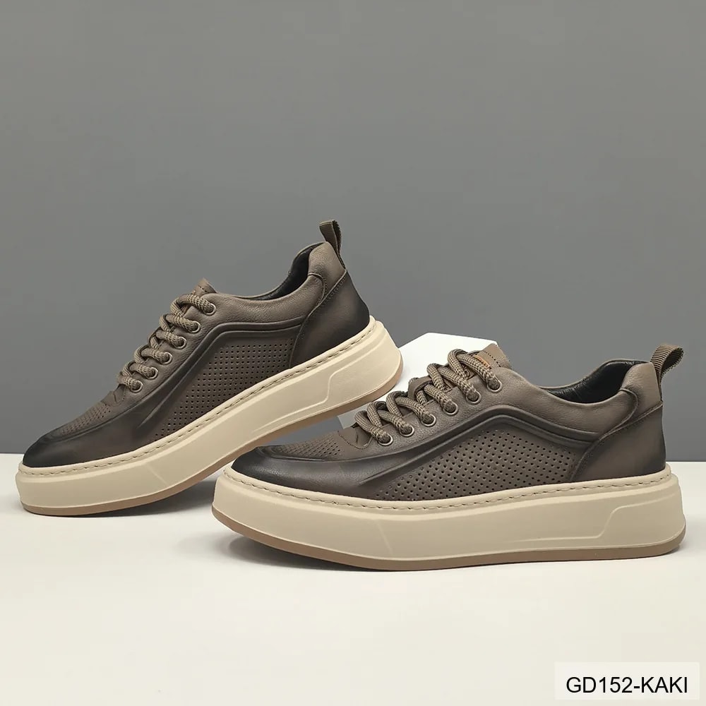 GD152 - Giày thể thao nam da bò thật đế dày thời trang, phối màu Kaki và Vàng - ảnh 2