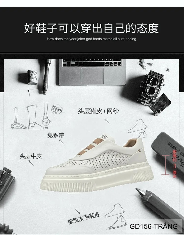 GD156 - Giày thể thao nam trắng da bò đế dày thời trang, thoáng khí, tăng chiều cao nhẹ - ảnh 18