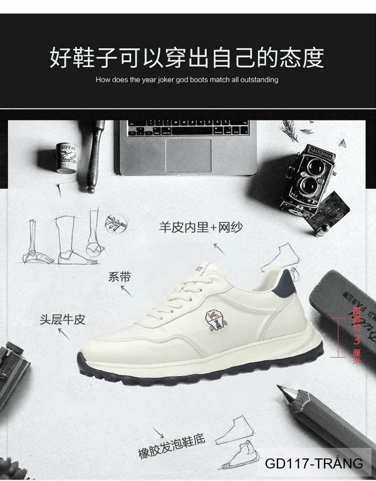 GD117 - Giày thể thao nam da bò cao cấp, đế dày tăng chiều cao, thoáng khí, phối màu thời thượng - ảnh 13