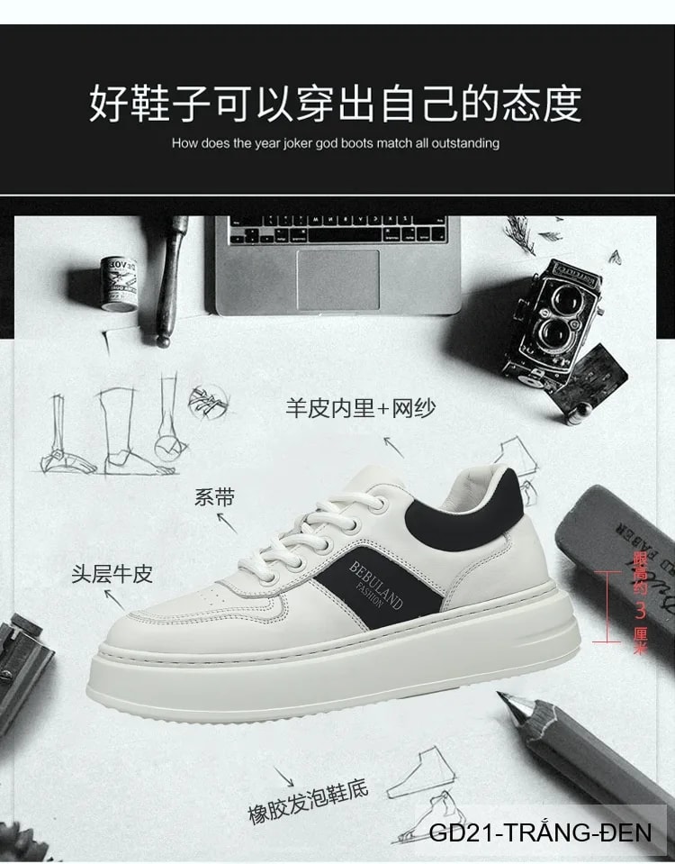 GD21 - Giày Thể Thao Nam Da Thật Đế Dày Phong Cách Châu Âu Trắng Đen Xám - ảnh 12