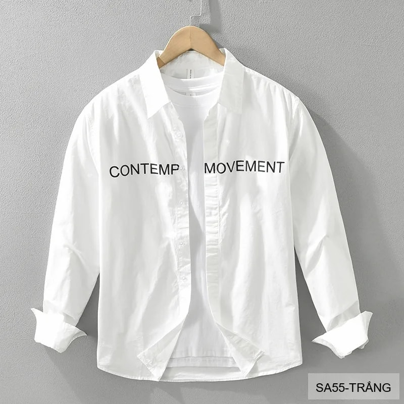 SA55 - Áo sơ mi nam tay dài in chữ phong cách Nhật Bản, form rộng, cotton 100% - video 1