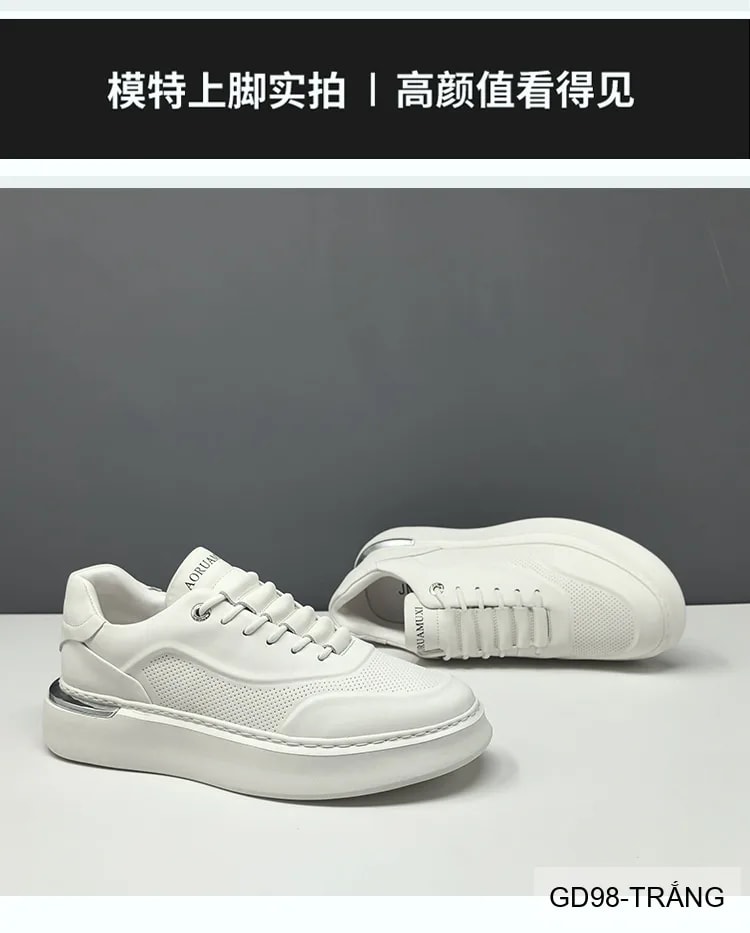 GD98 - Giày thể thao nam trắng da bò cao cấp, thiết kế retro tăng chiều cao, thoáng khí, phong cách casual - ảnh 23