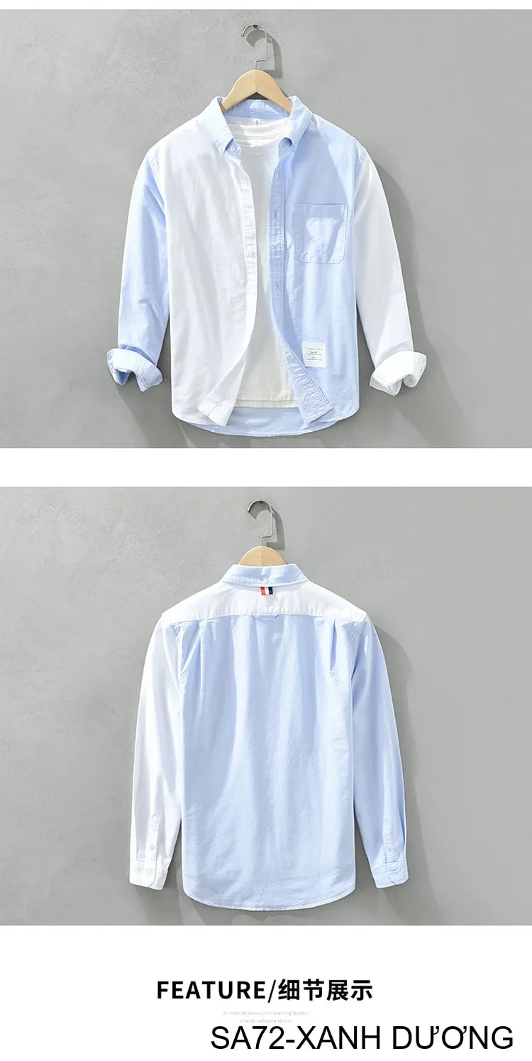 SA72 - Áo sơ mi dài tay phối màu xanh dương trắng phong cách Nhật, form rộng rãi, chất cotton mềm mại - ảnh 15