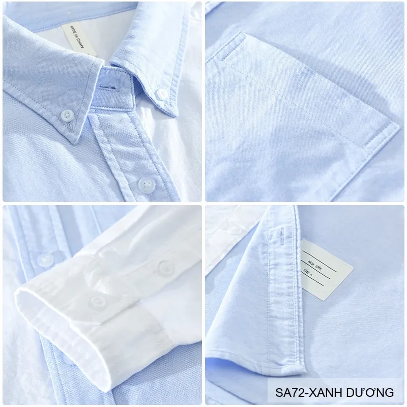SA72 - Áo sơ mi dài tay phối màu xanh dương trắng phong cách Nhật, form rộng rãi, chất cotton mềm mại - ảnh 9