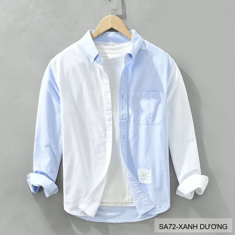 SA72 - Áo sơ mi dài tay phối màu xanh dương trắng phong cách Nhật, form rộng rãi, chất cotton mềm mại - video 1