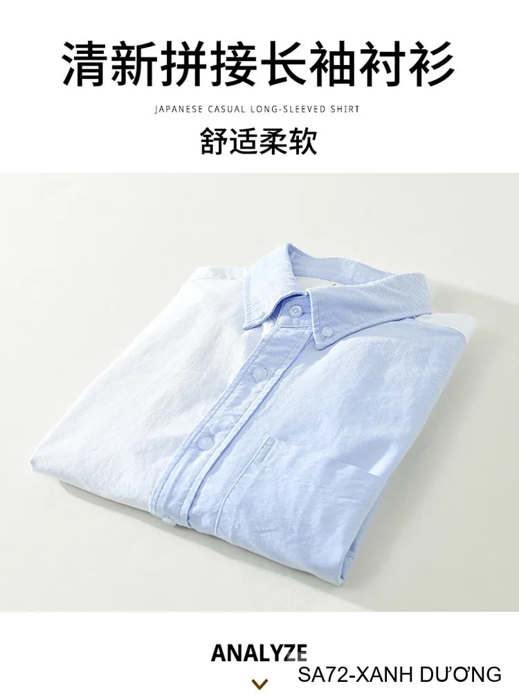 SA72 - Áo sơ mi dài tay phối màu xanh dương trắng phong cách Nhật, form rộng rãi, chất cotton mềm mại - ảnh 10