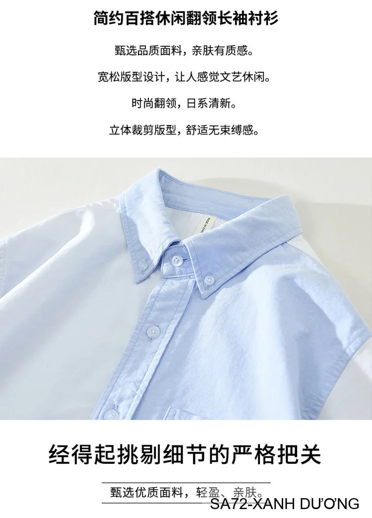 SA72 - Áo sơ mi dài tay phối màu xanh dương trắng phong cách Nhật, form rộng rãi, chất cotton mềm mại - ảnh 12