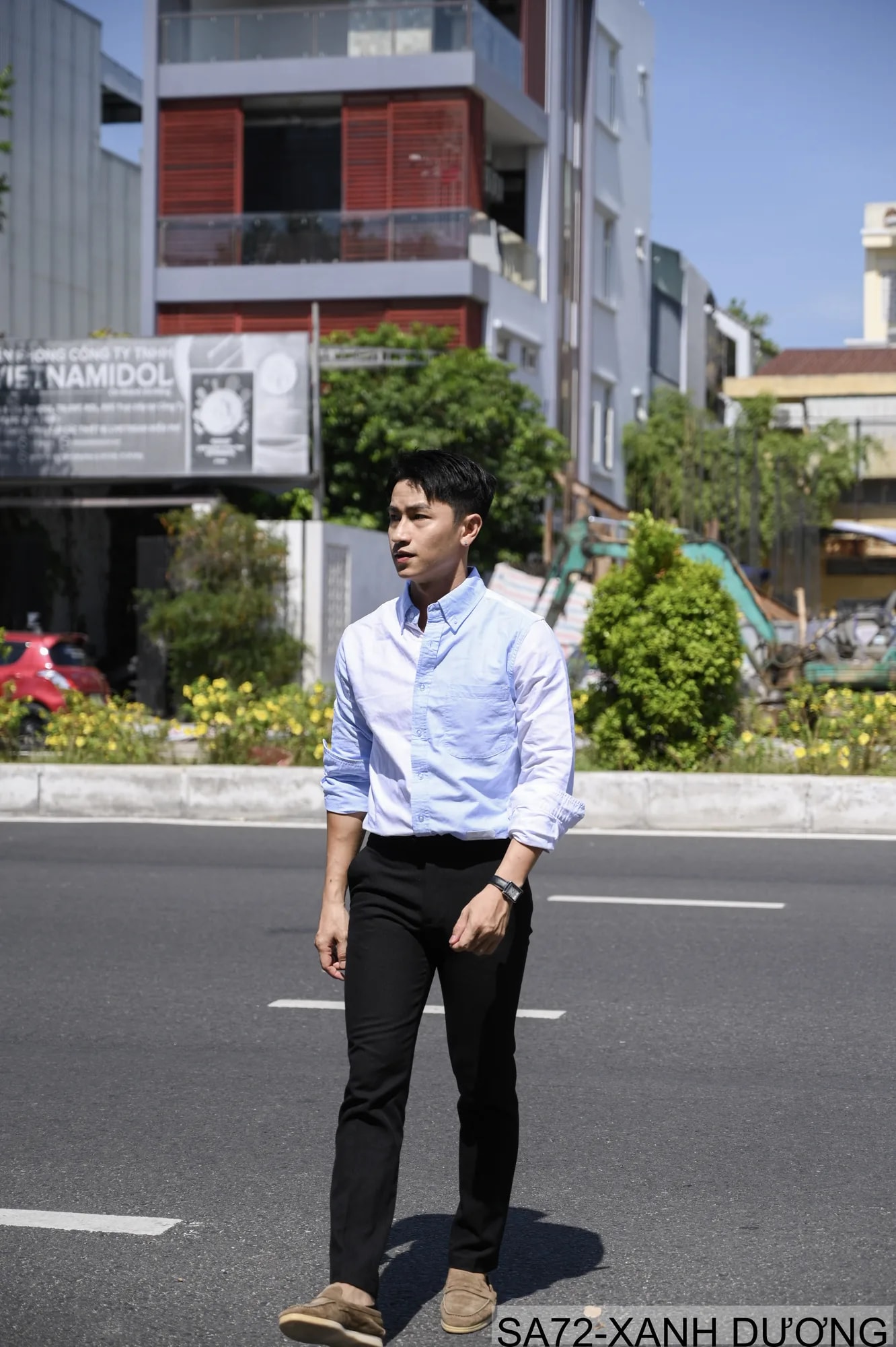 SA72 - Áo sơ mi dài tay phối màu xanh dương trắng phong cách Nhật, form rộng rãi, chất cotton mềm mại - ảnh 7