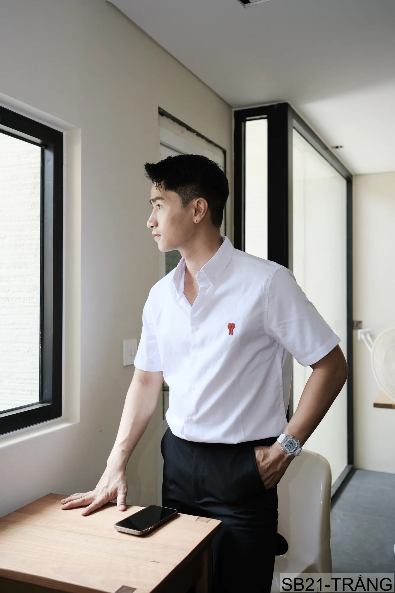SB21 - Áo sơ mi nam tay ngắn cotton thêu nhỏ, dáng rộng phong cách Nhật, mặc hàng ngày - ảnh 3
