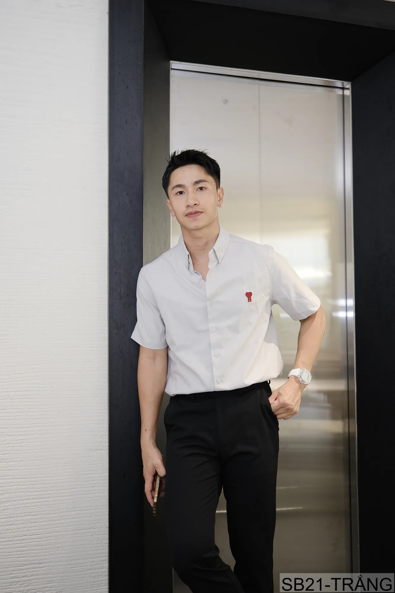 SB21 - Áo sơ mi nam tay ngắn cotton thêu nhỏ, dáng rộng phong cách Nhật, mặc hàng ngày - ảnh 5