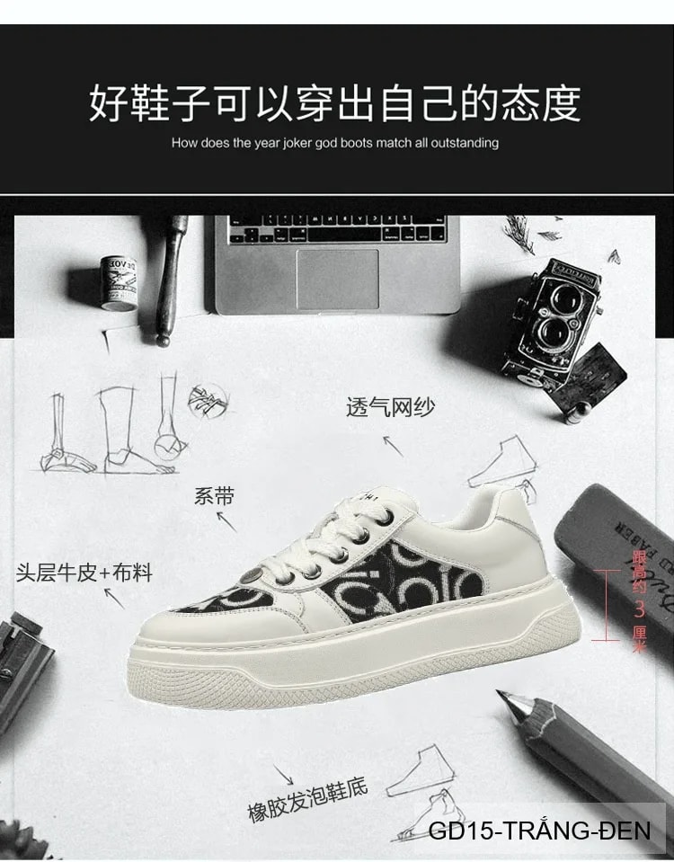 GD15 - Giày thể thao nam đế dày tăng chiều cao, thoáng khí, phối màu trắng đen - ảnh 13