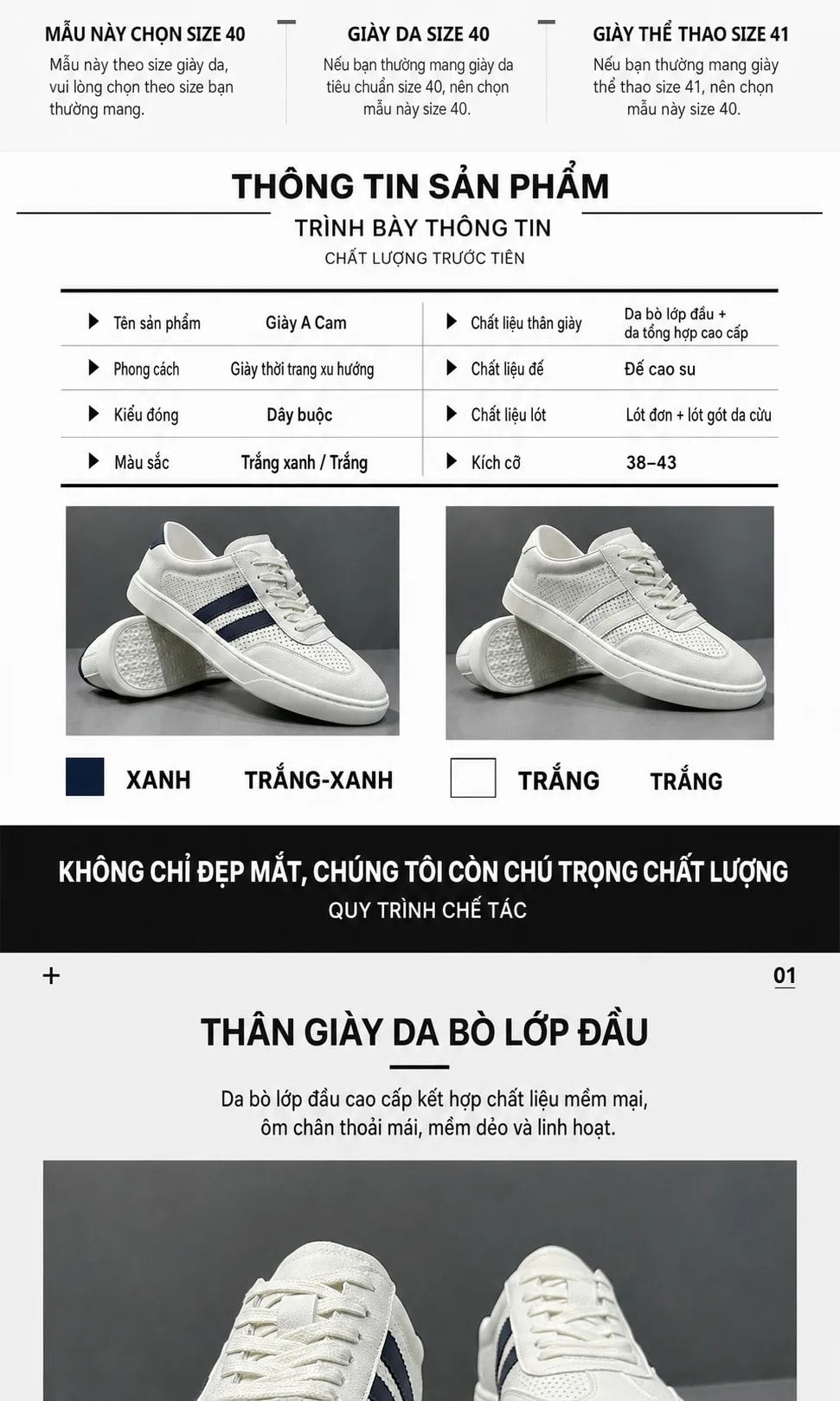 GB45 - Giày thể thao nam da thật đục lỗ thoáng khí, phong cách châu Âu sang trọng, trắng và trắng-xanh - ảnh 6