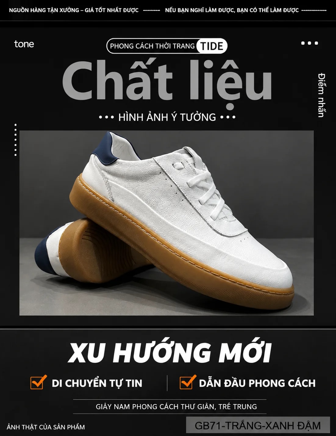 GB71 - Giày thể thao nam da bò trắng đen cổ thấp đế gumm nền mềm thời trang - ảnh 6