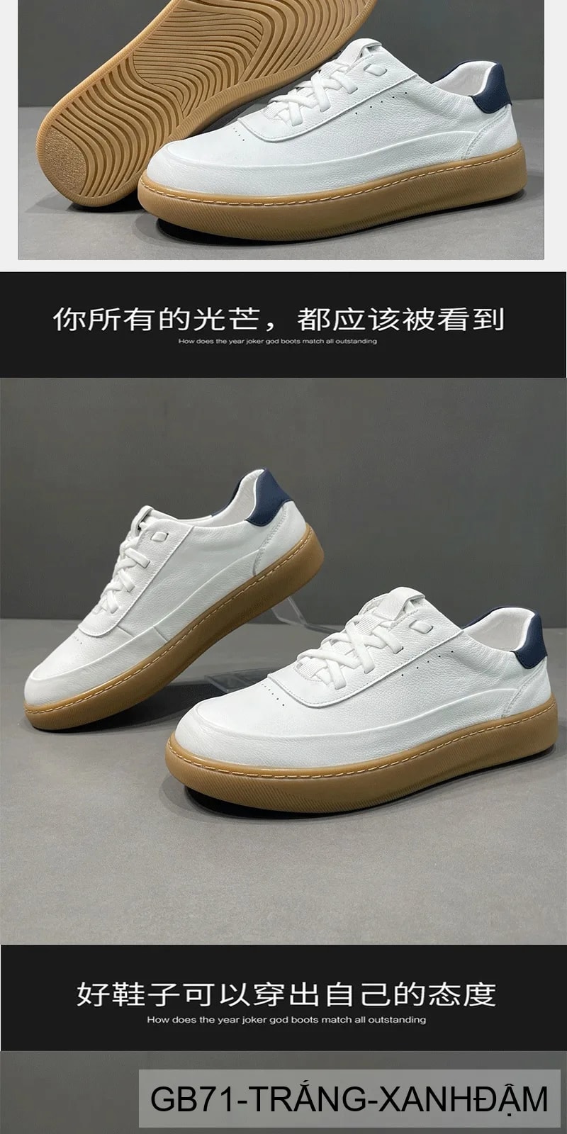 GB71 - Giày thể thao nam da bò trắng đen cổ thấp đế gumm nền mềm thời trang - ảnh 13