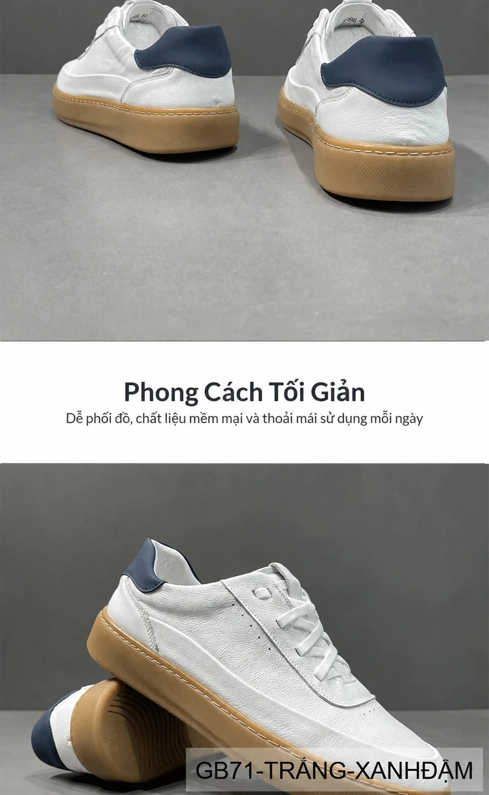 GB71 - Giày thể thao nam da bò trắng đen cổ thấp đế gumm nền mềm thời trang - ảnh 7