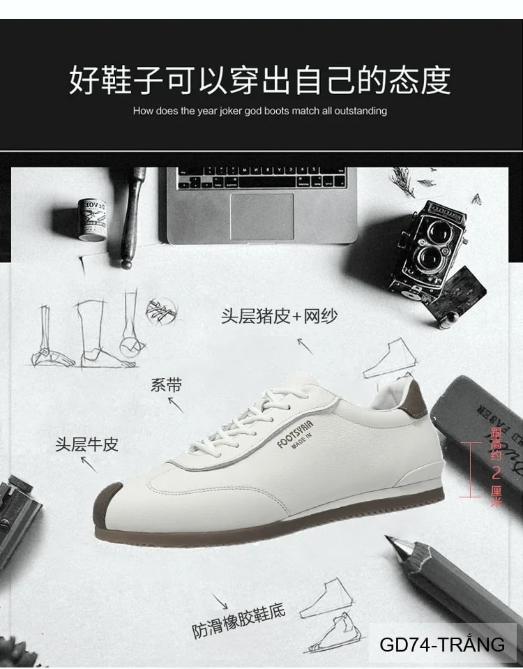 GD74 - Giày thể thao nam da thật cao cấp phong cách Hàn, phối màu khối trắng đen sang trọng - ảnh 13