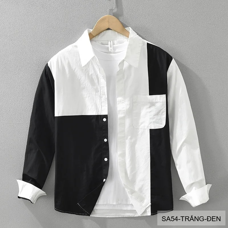 SA54 - Áo sơ mi nam phong cách Nhật Bản chắp vá trắng đen, tay dài, form rộng trẻ trung - ảnh 1
