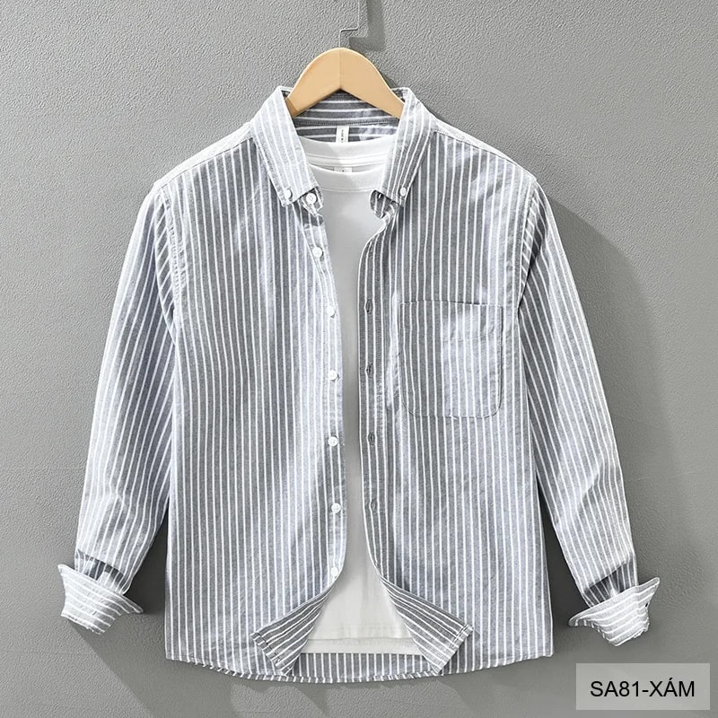 SA81 - Áo sơ mi nam cổ điển sọc dọc tay dài form rộng chất cotton 100% phong cách Nhật Bản - video 1