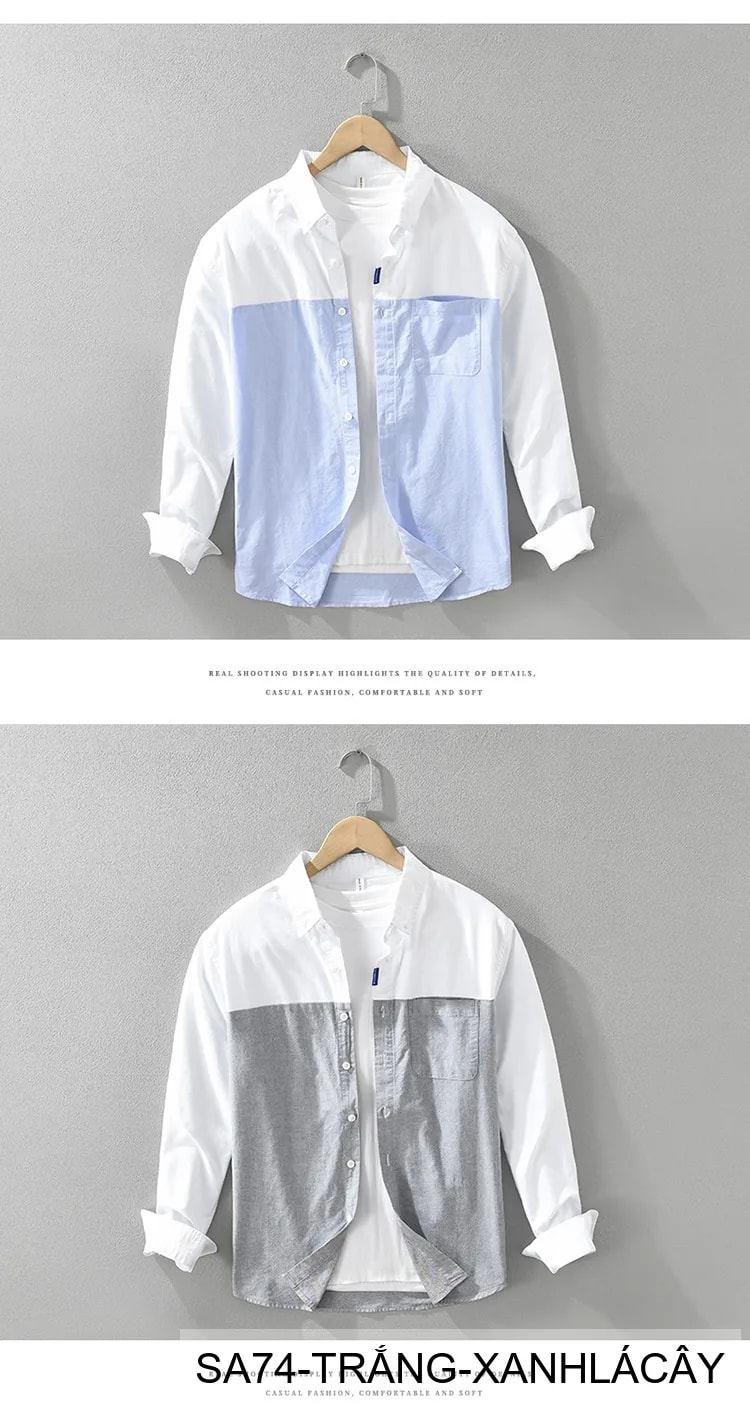 SA74 - Áo sơ mi nam dài tay Oxford kiểu Nhật, form rộng, chất cotton 100%, phối màu trắng xanh lá/xám - ảnh 10